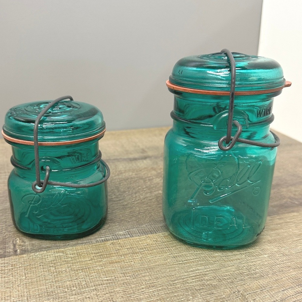 Vintage Ball Ideal Aqua Blue Glass Jars Set of 2 Wire Bail Closure Canning Jars